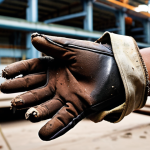 A close-up of a frustrated Malaysian industrial worker's hand, revealing a visibly torn and damaged work glove. In the blurred background, hints of sharp metal shards or heavy machinery in a bustling Malaysian factory or construction site, emphasizing immediate danger and lost productivity due to equipment failure. Realistic, high-resolution photography.