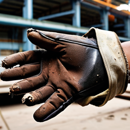 Home 14 A close-up of a frustrated Malaysian industrial worker's hand, revealing a visibly torn and damaged work glove. In the blurred background, hints of sharp metal shards or heavy machinery in a bustling Malaysian factory or construction site, emphasizing immediate danger and lost productivity due to equipment failure. Realistic, high-resolution photography.