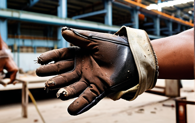 A close-up of a frustrated Malaysian industrial worker's hand, revealing a visibly torn and damaged work glove. In the blurred background, hints of sharp metal shards or heavy machinery in a bustling Malaysian factory or construction site, emphasizing immediate danger and lost productivity due to equipment failure. Realistic, high-resolution photography.