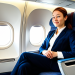 A female professional traveler, dressed in a modest and comfortable business casual outfit, sitting relaxed in a spacious, modern airplane seat during a long-haul flight. Her expression is calm and content, suggesting comfort and ease. Her legs are positioned naturally, subtly indicating support. The cabin environment is clean and well-lit. Fully clothed, appropriate attire, modest clothing, safe for work, appropriate content, professional, perfect anatomy, correct proportions, natural pose, well-formed hands, proper finger count, natural body proportions, high-quality photography, bright lighting.
