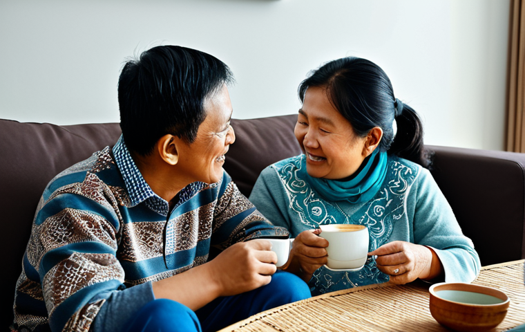 최고의 방한 용품 세트 추천 - **Image Prompt:** A Malaysian family (mother, father, child) in a cozy living room, fully clothed in...